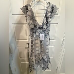 Wayf Black and White Striped Ruffle Midi Dress